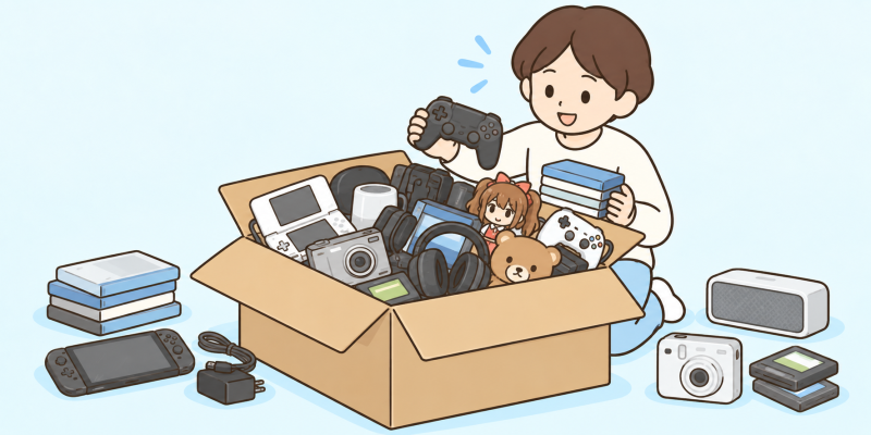 さまざまな品物を一つの箱へまとめる人