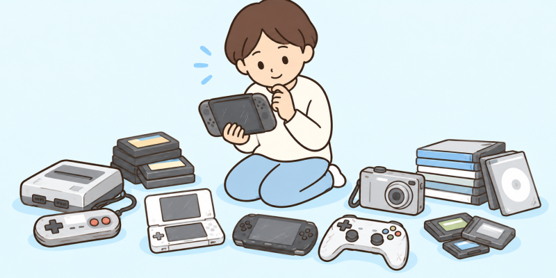 中古のゲーム機や周辺機器を前に悩む人