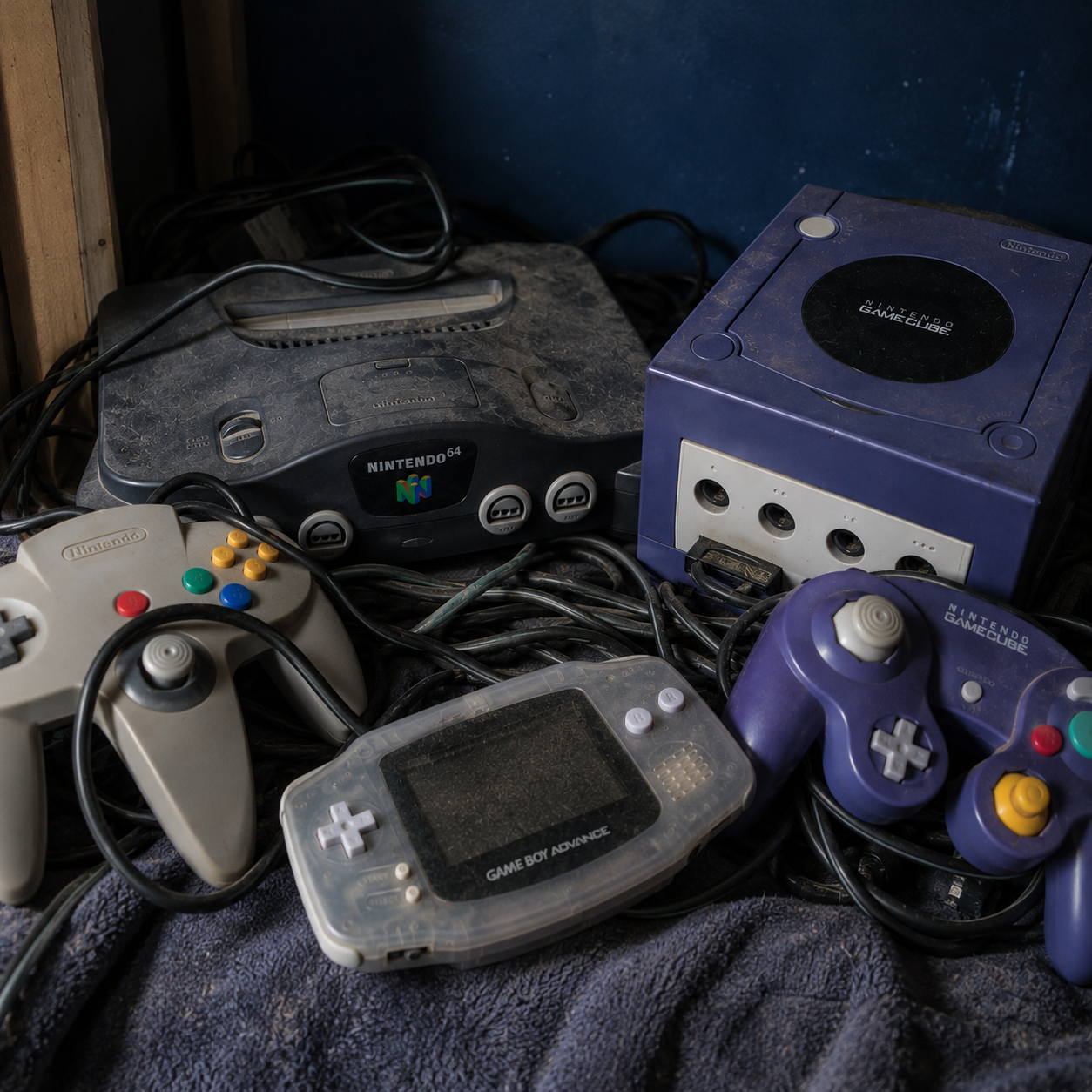 押し入れから出してきた、もう使っていないレトロゲーム機やソフトの買取イメージ