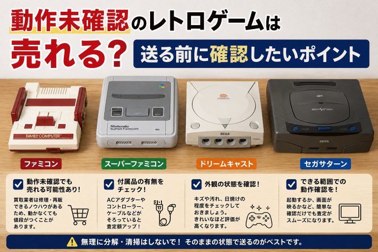 動作未確認のレトロゲーム機やジャンク品を買取に出すイメージ